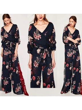 ZARA navy blue pink floral flower chiffon wide leg slit hem pants Sz M